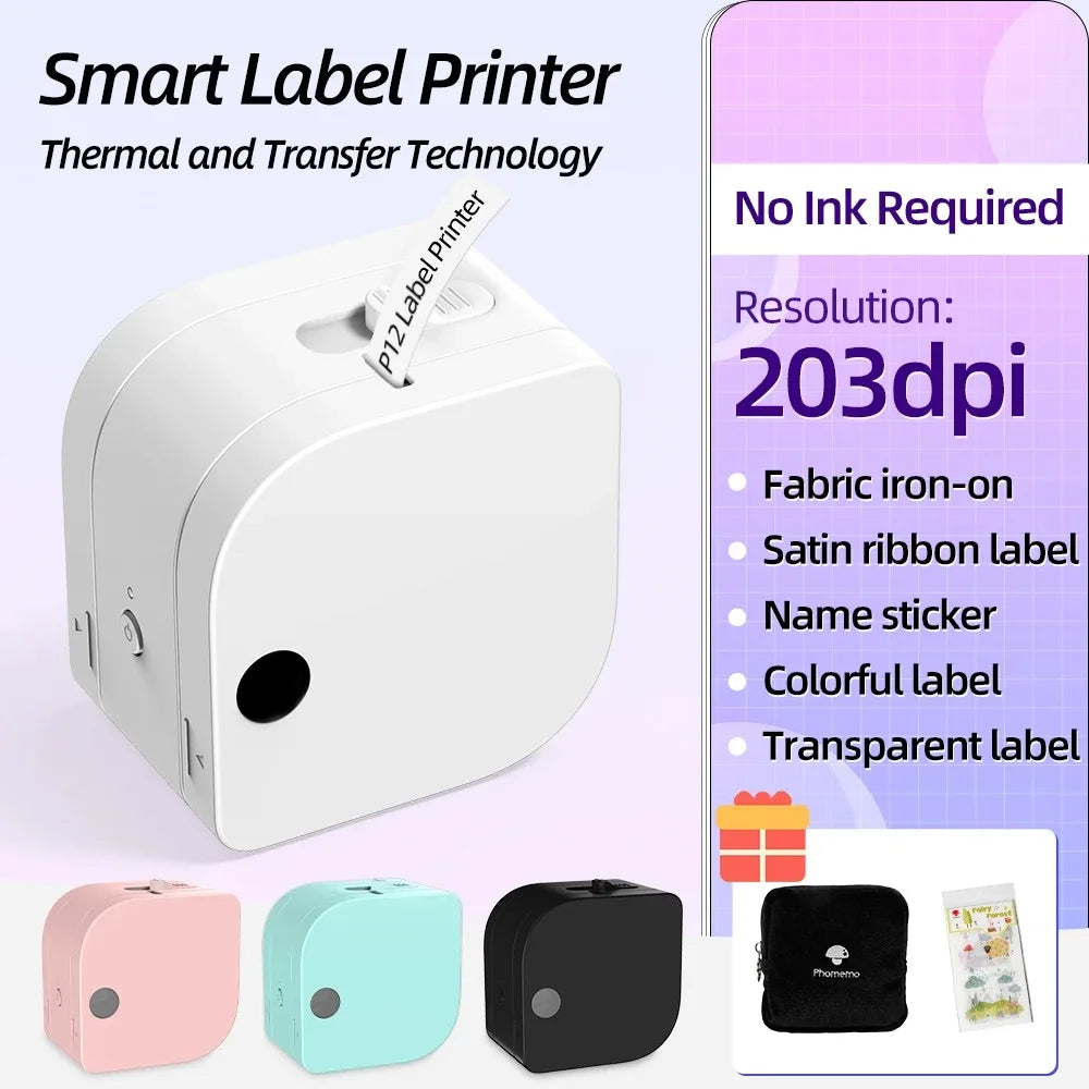 P12 Mini Label Maker Machine with Tape Bluetooth Label Printer Handheld Sticker Multiple Templates Font Inkless Sticker Maker