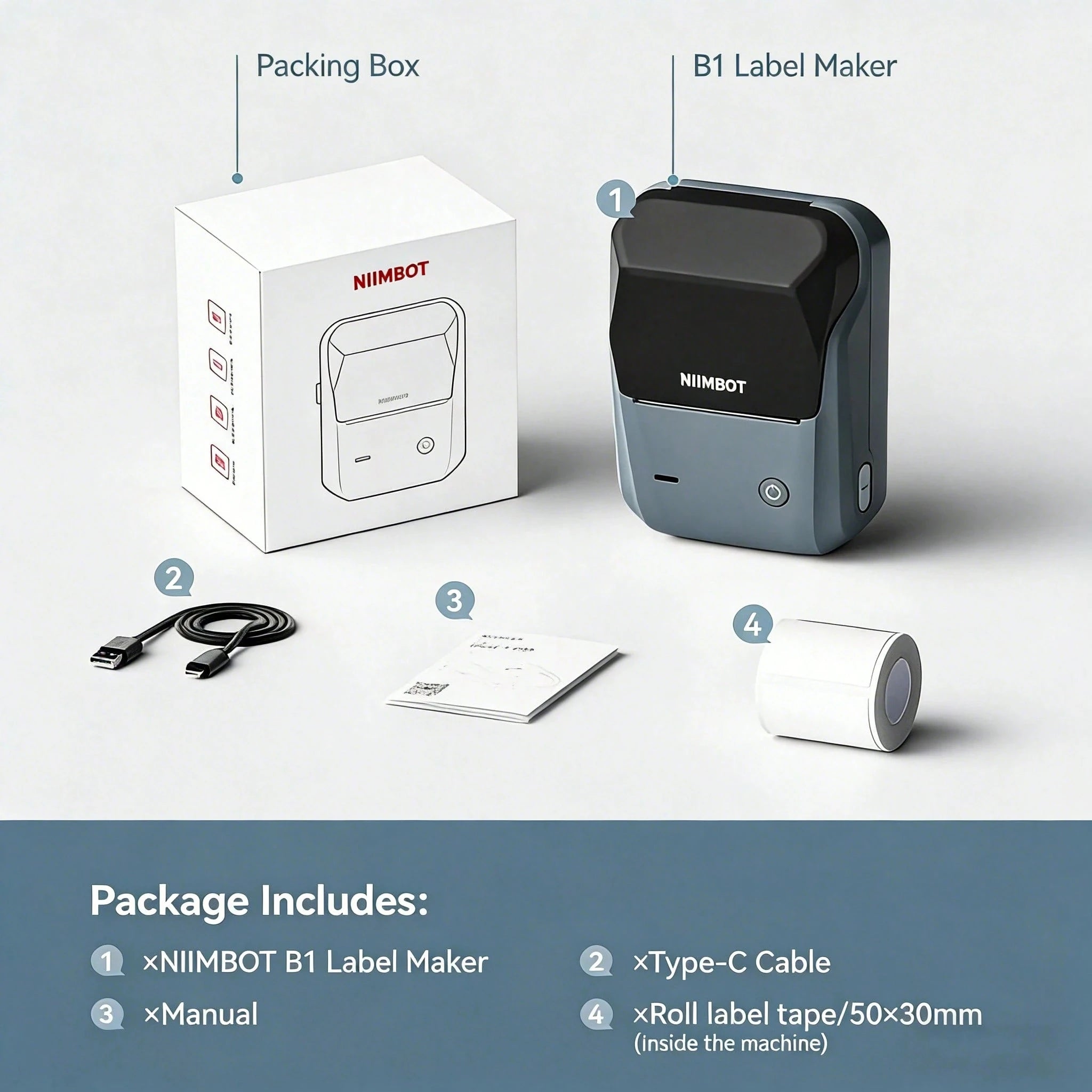 Niimbot B1 Mini Bluetooth Thermal Label Printer Portable Self-Adhesive Sticker Maker, Pocket Thermal Label Machine, Compatible With Mobile Phone & PC, Ideal For Home Office School Small Business Organization