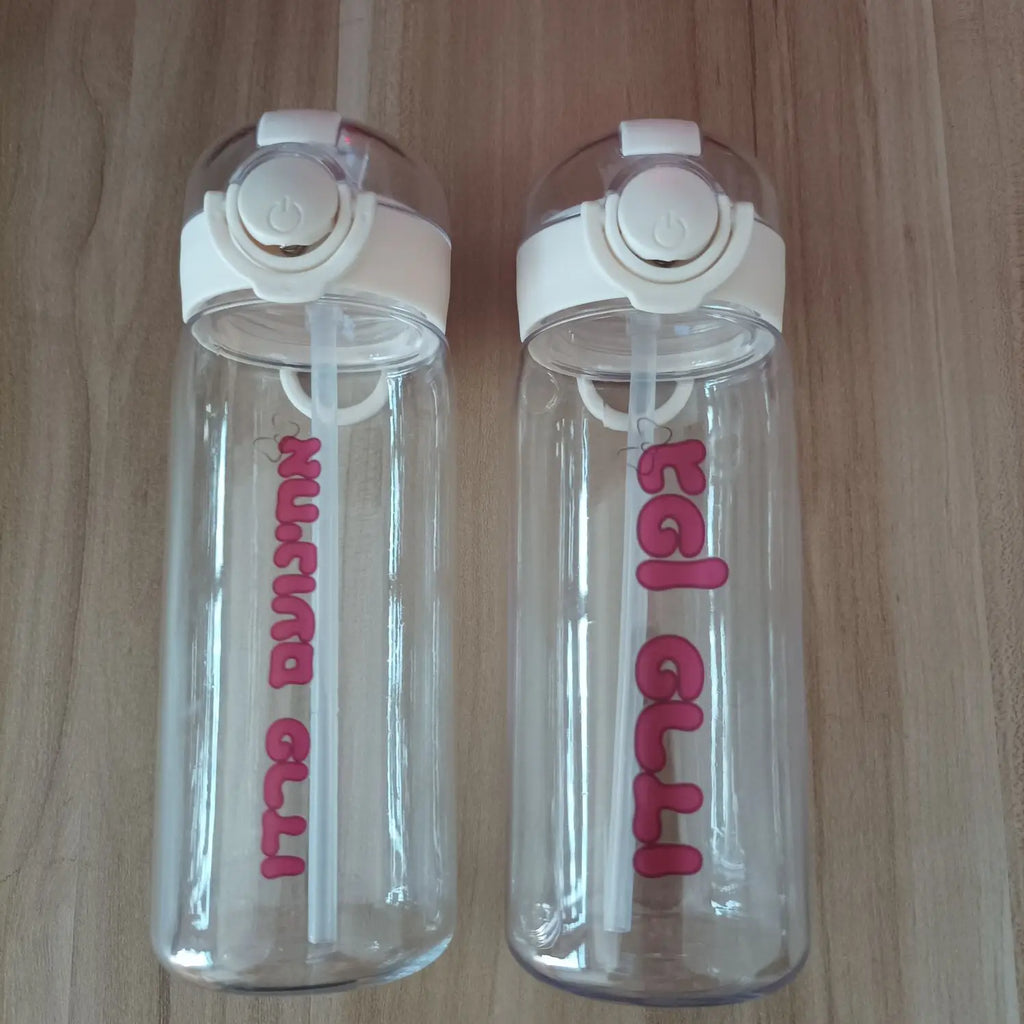 DIY 400MLSchool Bottle Plastic Customize Print Name Kid's Children Cup Straw Tube Ring Handle Easy Take Food Safety Material