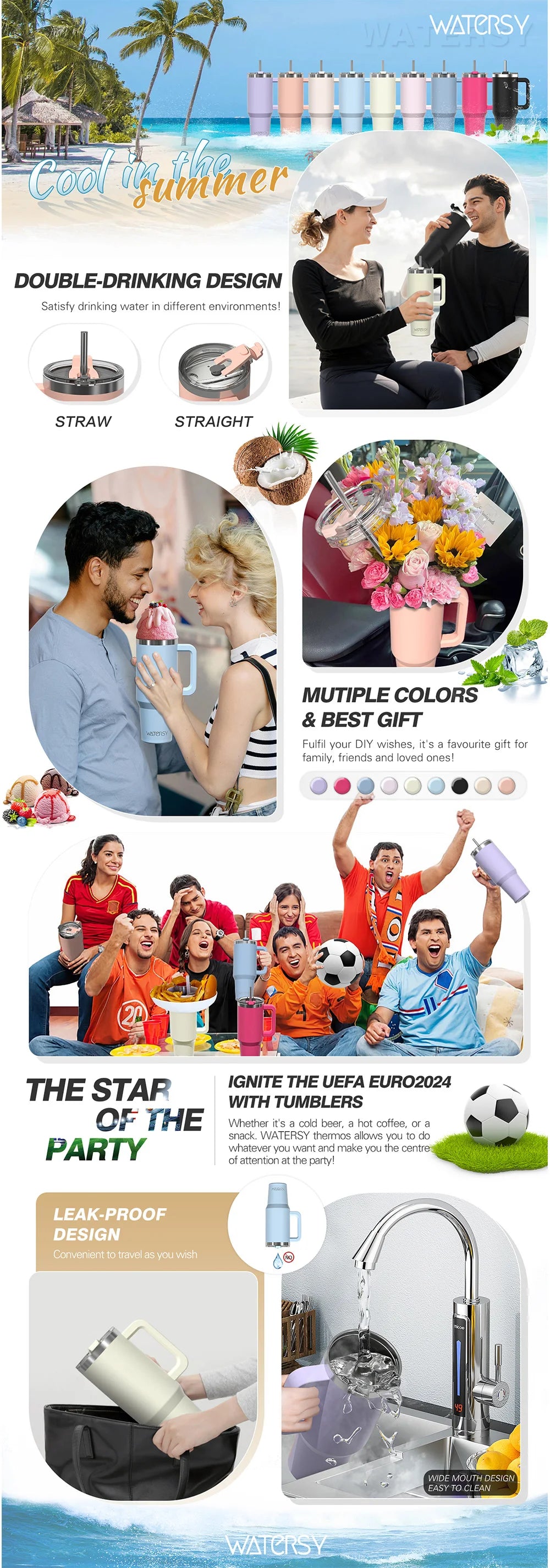 WATERSY Large Capacity 30/40oz Stainless Steel Tumbler with Handle And Straw Double Vacuum Insulated Thermal Coffee Mug