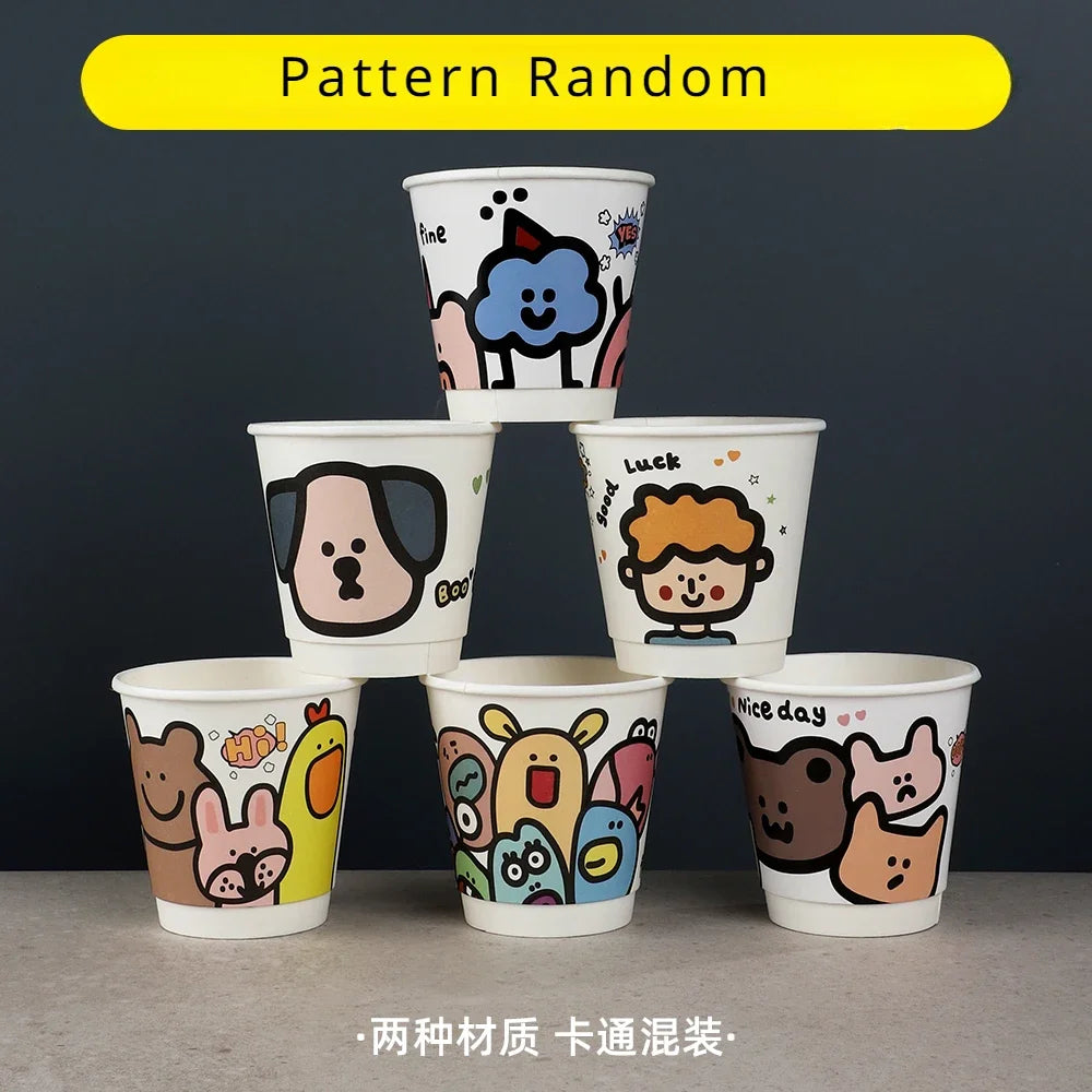 25pcs 90 Caliber Disposable Coffee Cups Fresh Milk Hot Drink Thickened Cartoon Paper Cup Milk Tea Takeaway Packag Cup with Lid