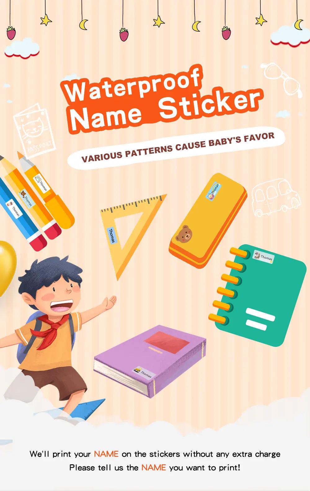 Custom Hebrew Waterproof Self-adhesive Baby Name Sticker Personalized Kids School Label Kindergarten Stationery Tag