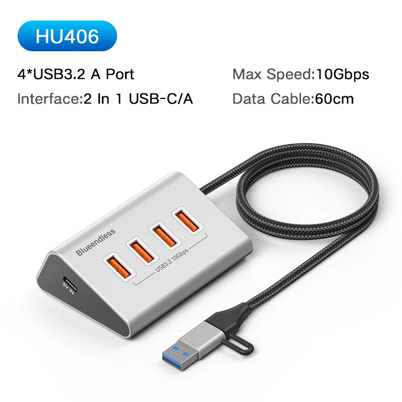 Blueendless Aluminium 10Gbps USB3.2 Gen2 4/10port HUB Docking Station USB-C USB-A Type C Splitter Adapter for PC Laptop macbook