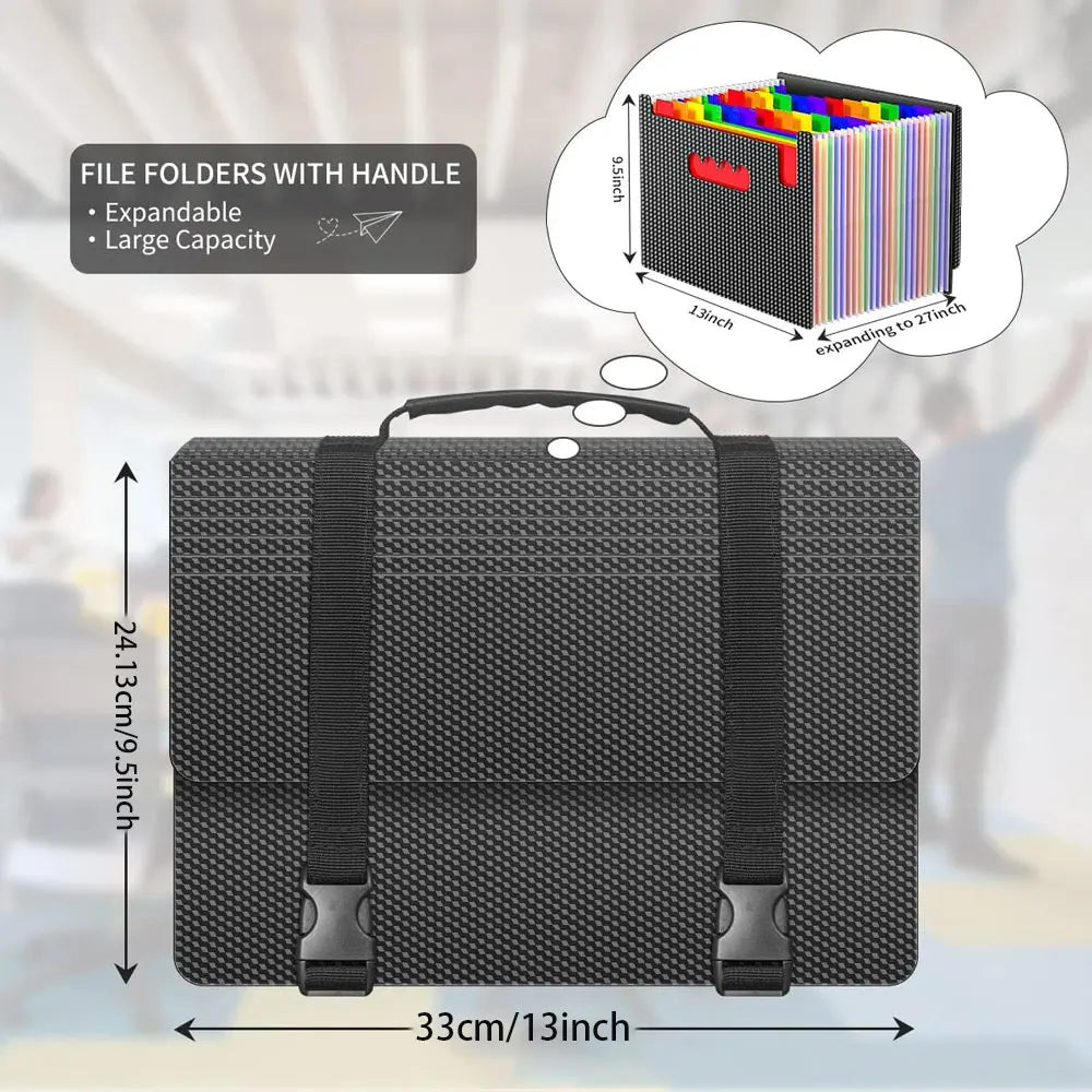Expandable document folder, 25-pocket accordion-style document organizer with handle, suitable for document organization.