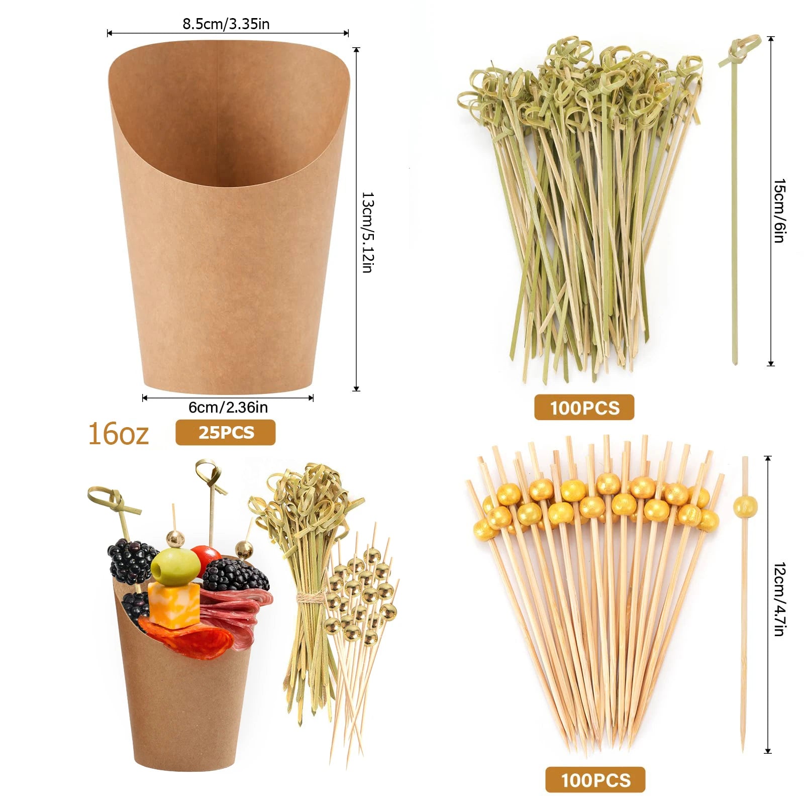 Individual Disposable Charcuterie Cups with Sticks Portable Bags Cocktail Skewers 16oz Brown Paper Appetizer Cups for French Fry