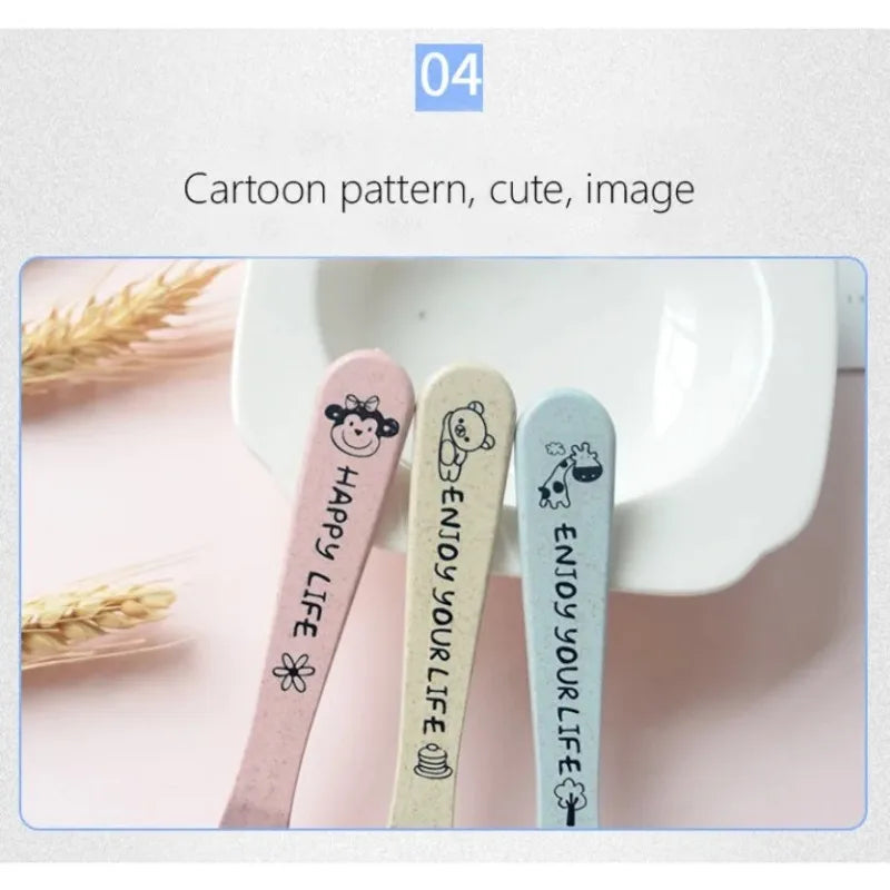 3Pcs/set Wheat Straw Baby Dishes Cartoon Tableware Set Kids Dinner Platos Baby Feeding Plate Training Bowl Spoon Fork Tableware