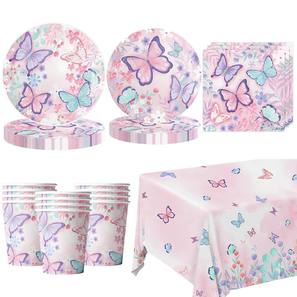 Butterfly Birthday Party Decoration Disposable Party Plates Cup Napkin Tablecloth Butterfly Knìfe Birthday Decoration Baby Showe