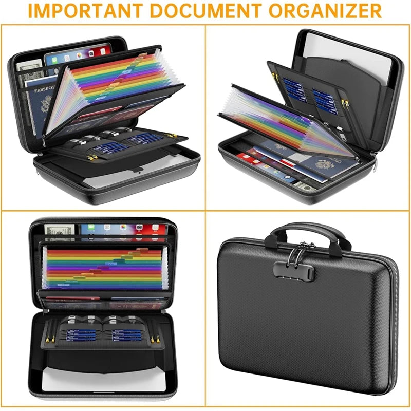 Fireproof File Organizer with Lock, Hard-Shell Case Fireproof Document Box with 13 Accordion File Folder, for Important