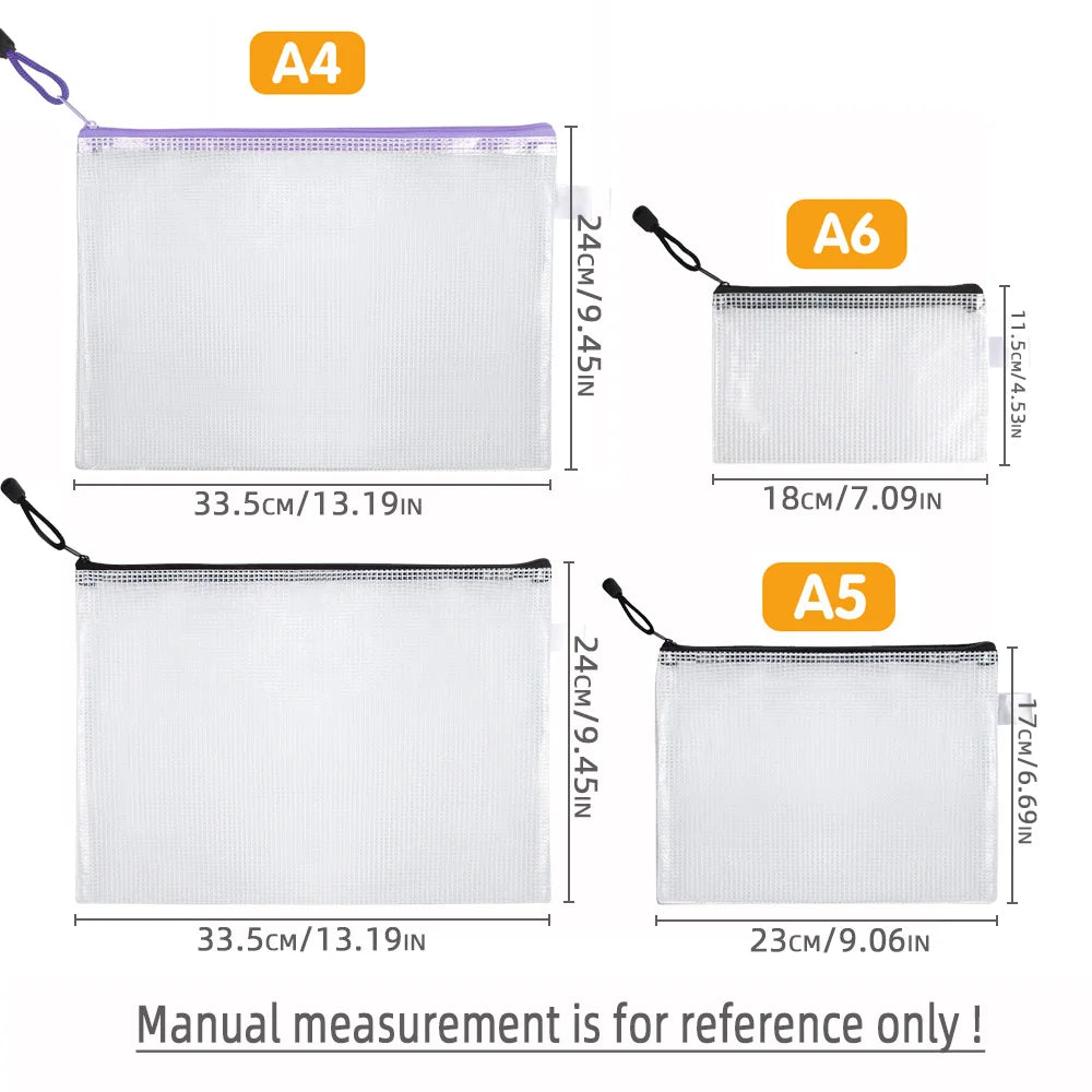 12-Piece Plastic Mesh Zip File Bag, Waterproof and Tear-Resistant File Folder, Multi-Size Zip File Bag for School Office Home Tr