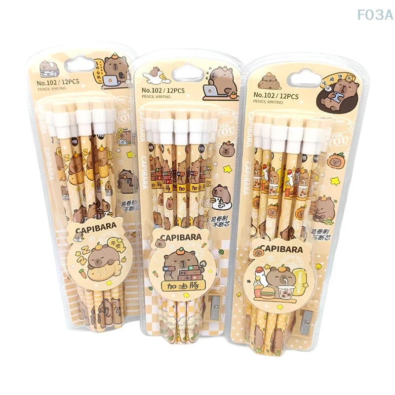 12pcs Cute Cartoon Capybara HB Pencils Stationery Set With Pencil Sharpener School Students Stationery Gift