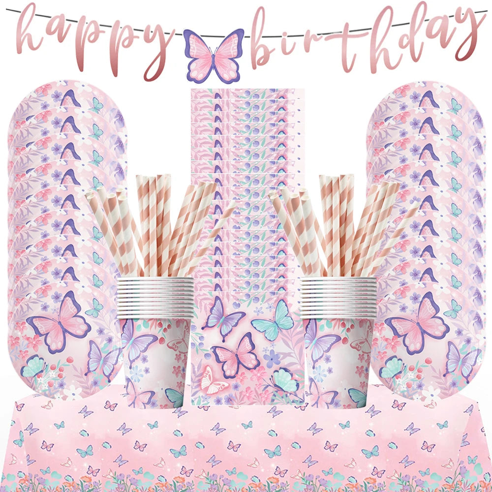 Butterfly Girls Birthday Party Disposable Tableware Fairy Pink Paper Plates Cups Napkin Tablecloth Birthday Party Decorations