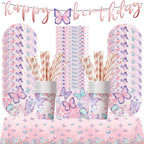 Butterfly Girls Birthday Party Disposable Tableware Fairy Pink Paper Plates Cups Napkin Tablecloth Birthday Party Decorations