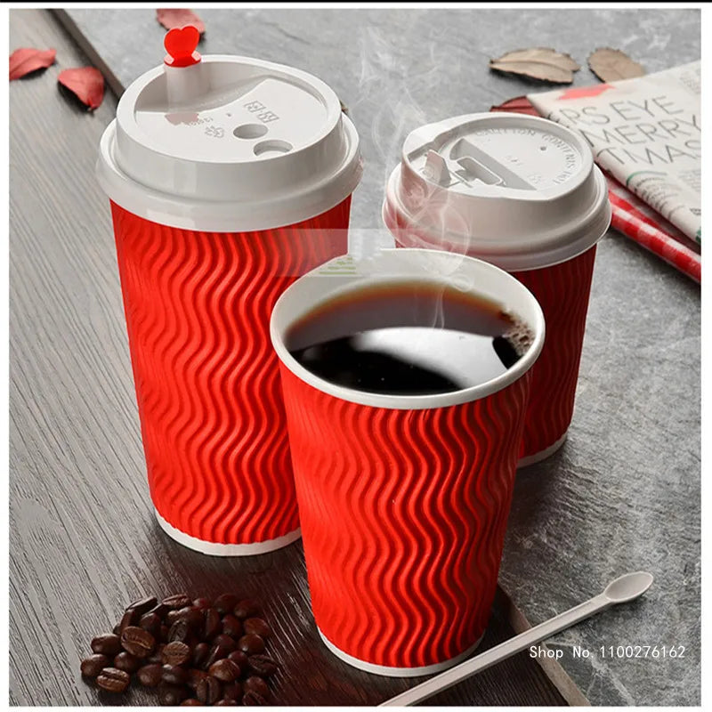 50pcs High Quality Thicken Double Layer Hot Drink Paper Cups 8oz/12oz/16oz Party Birthday Favor Disposable Coffee Cup with Cover
