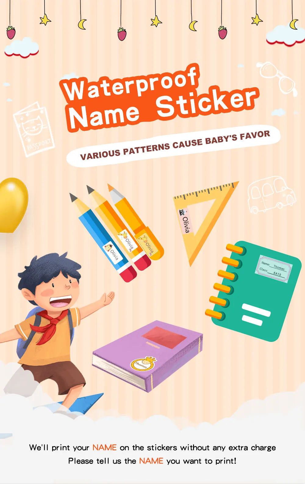 Custom Transparent Self-adhesive Baby Name Sticker Customised Kindergarten Tag in Hebrew Personalized Waterproof Stickers Label