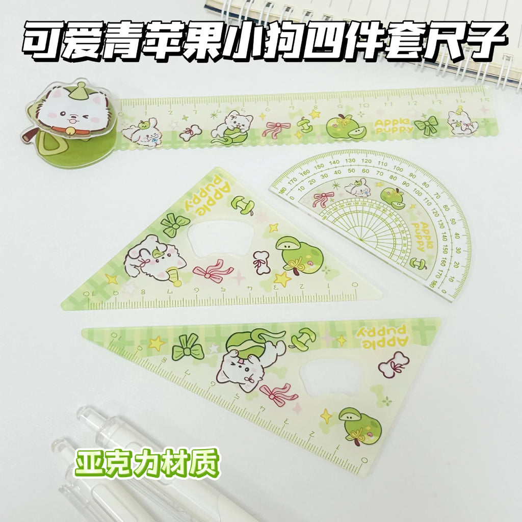 Cartoon 4pcs Ruler Set, Acrylic Straight Ruler Triangle Ruler Protractor, Cute Stationery Measuring Tools for Students