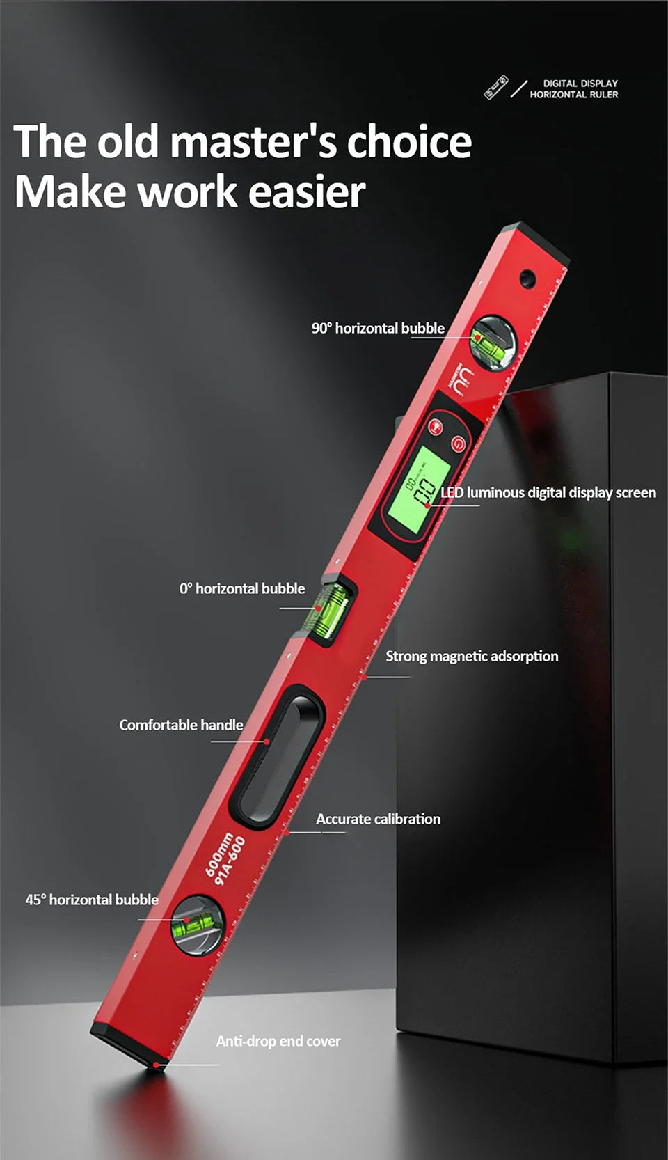 30/40/50cm Electronic Digital Display Level Ruler Magnetic Angle Meter Aluminum Alloy Level Protractor Inclinometer 90 Degree
