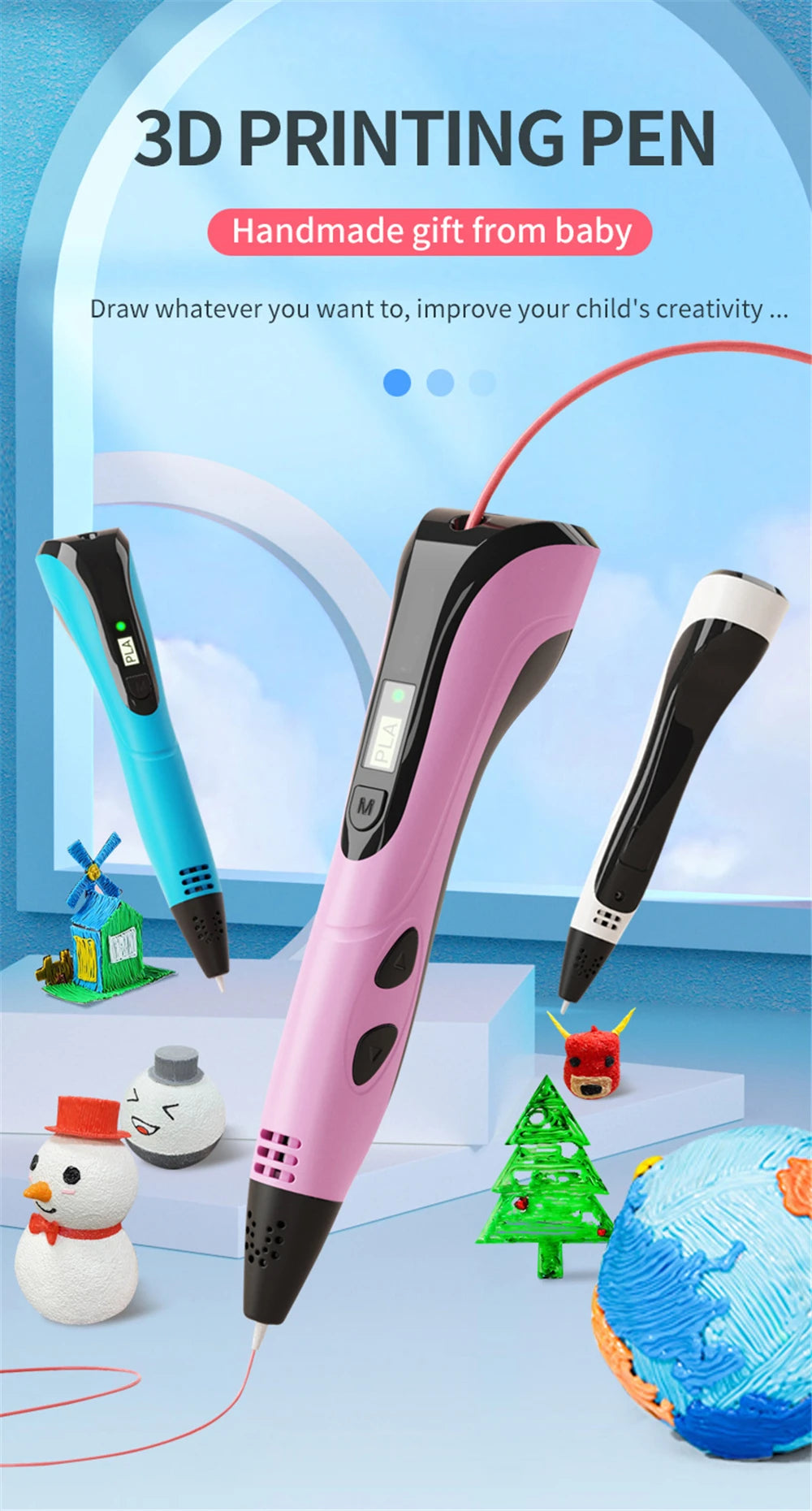 New 3D Pen 3D Printing Pen for Children 1.75mm PLA Filament DIY Drawing Birthday Christmas Gifts for Kids with Travel Case