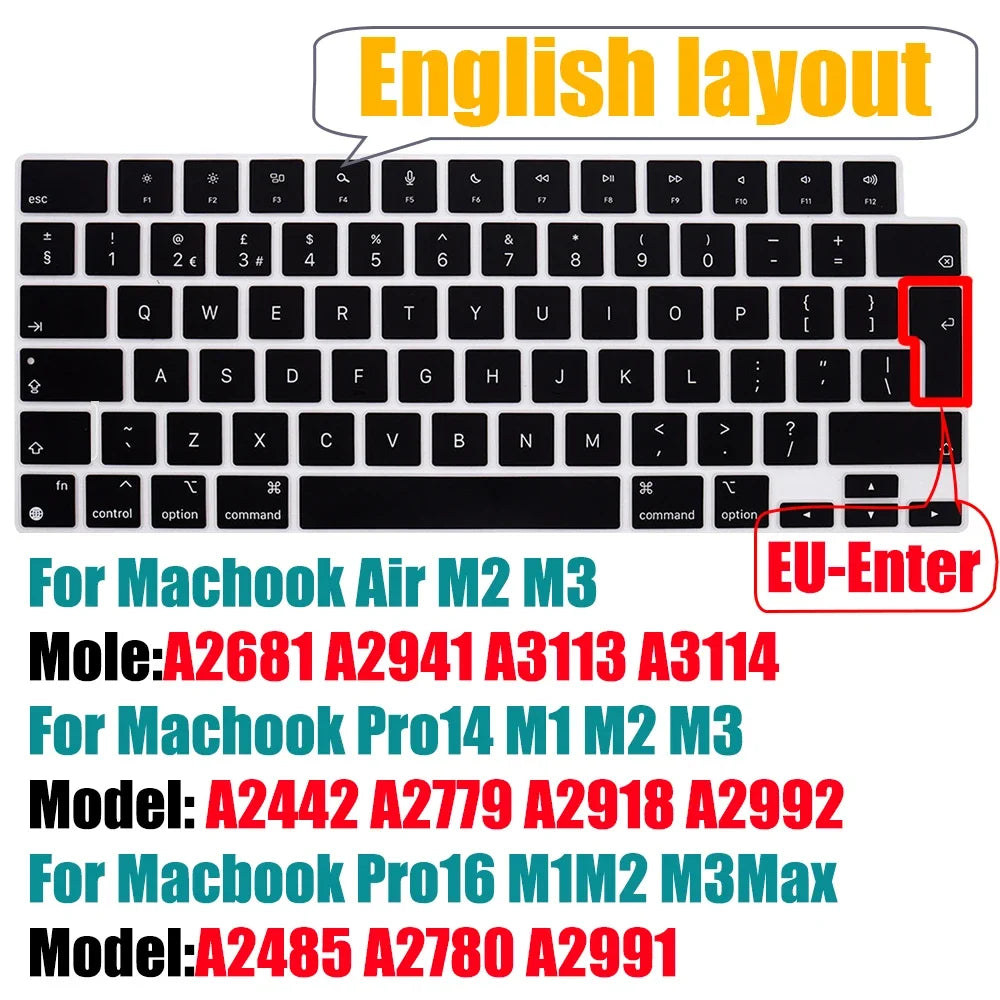 Keyboard Cover for 2022-2024 M4 M3/M2/M1Chip Pro 14"/16" A3401/A2992/A2779/A2991/A3403 MacBook Air 15.3"/13.6" A3113/A3114/A2941