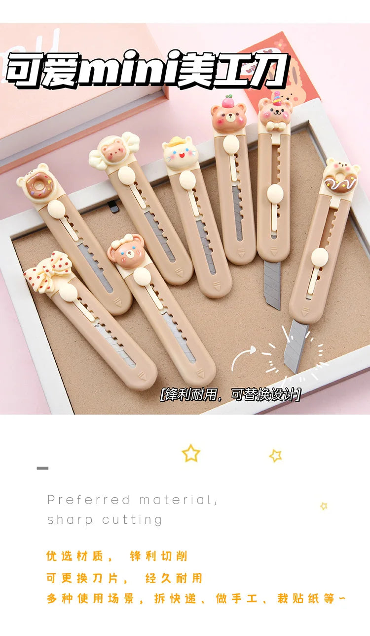 1 Piece Cartoon Utility Knife for Student Cute Fashion Box Cutter Small Portable Kawaii Beige Coffee Color Letter Opener Office