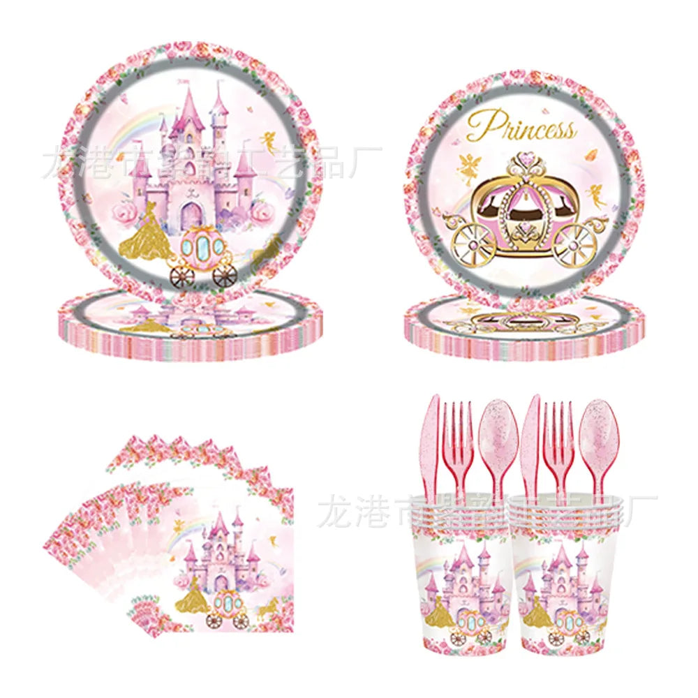 Pink Princess Castle Tableware Set Dessert Plates Cups tablecolth Balloon Banner Girls favorite Birthday Adult Wedding Decoratio