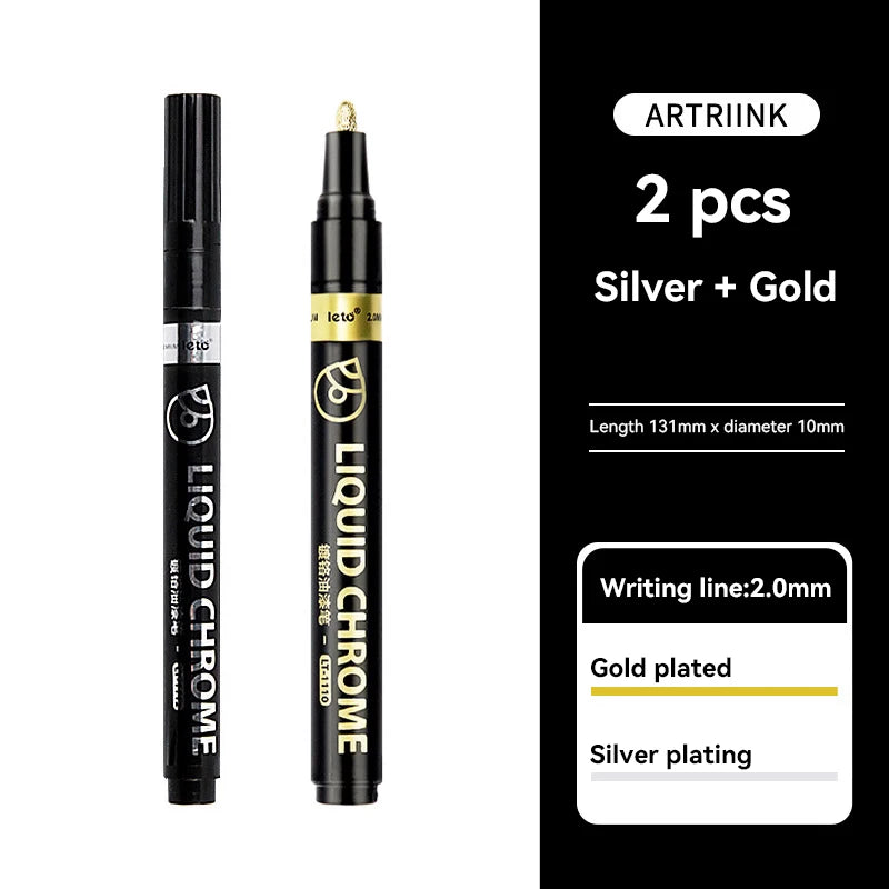1-6pcs Chrome Pen Marker Mirror Waterproof DIY Reflective Paint Repair for Rock Ceramic Glass Metallic Gold/Silver 0.8/1/2mm Nib