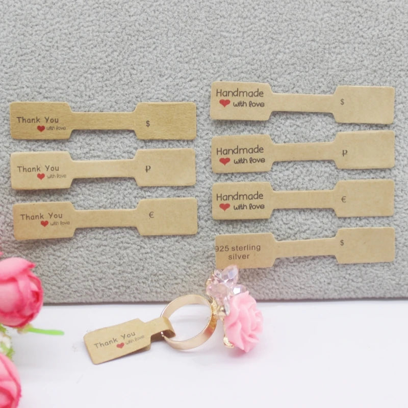 100PCS Multi Style Ring Folded Labels White/Kraft Handmade with Love Ring Price Labels Jewelry Tag Sticker Labels 6*1.2cm