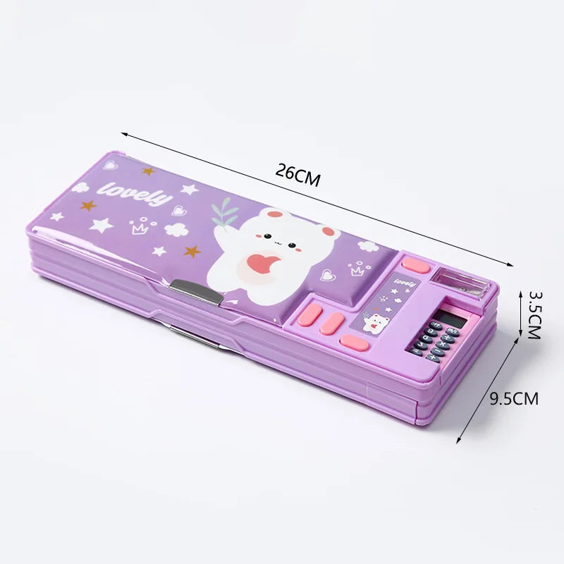 Built-in Calculator Plastic Stationery Box for Primary School Students Double-sided Open Pencil Case Creative Multi-functional