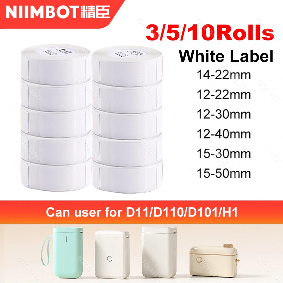 3/5/10 Rolls NiiMBOT D110 D11 D101 Offical Label Printer Sticker Various Size of White Color Paper Roll 12*40mm 15*30mm Anti-Oil