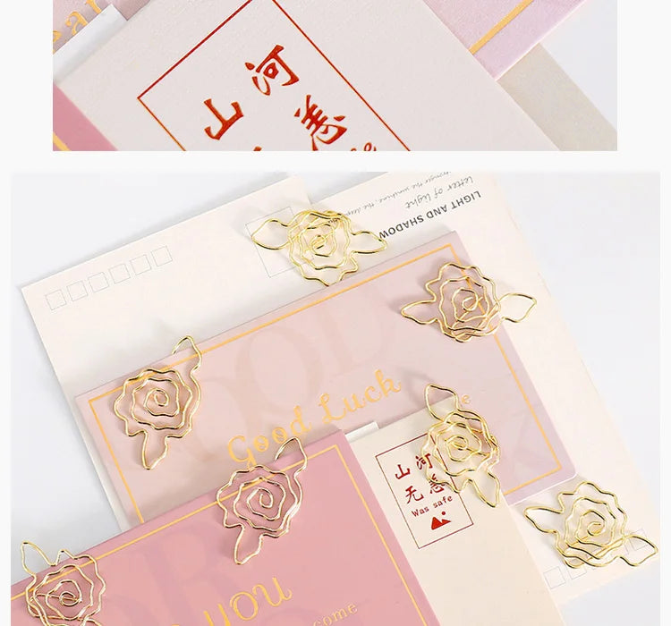 10pcs Gold Rose Flower Paper Clip Wholesale Metal Diy Flower Planner Stationery Supplies Bookmark Gift Shaped Paper Clips