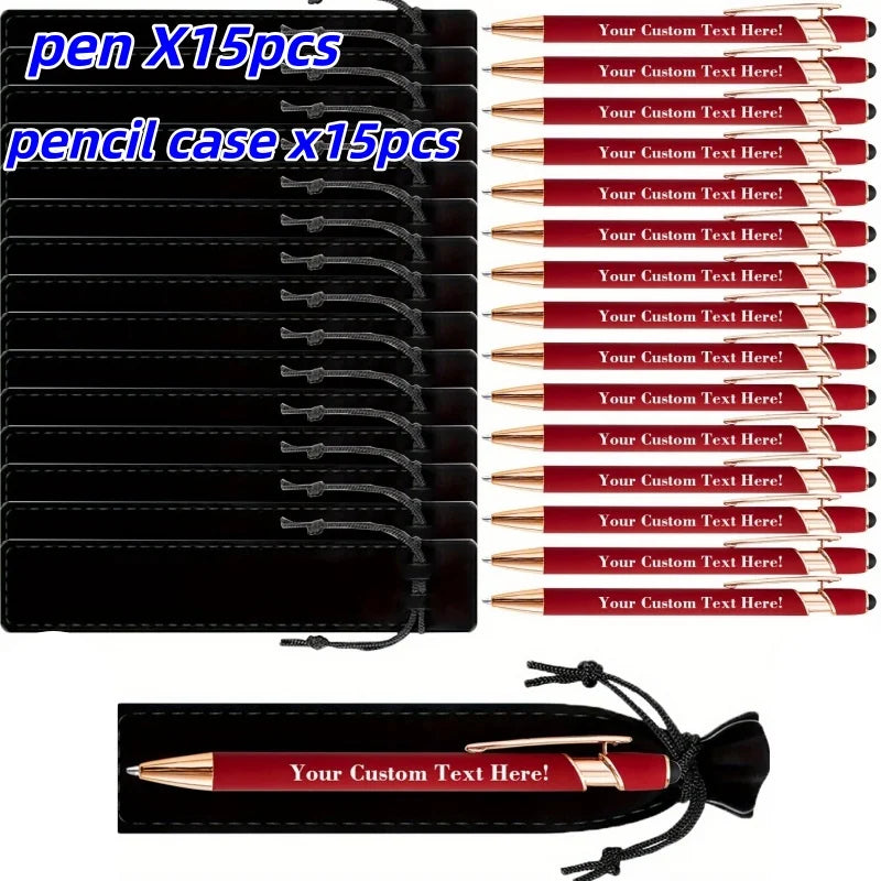 15Sets Customizable Engraved Metal Ballpoint Pens with Durable Case + 15pcs Custom Pen Bags - Bulk Writing Utensils for Business