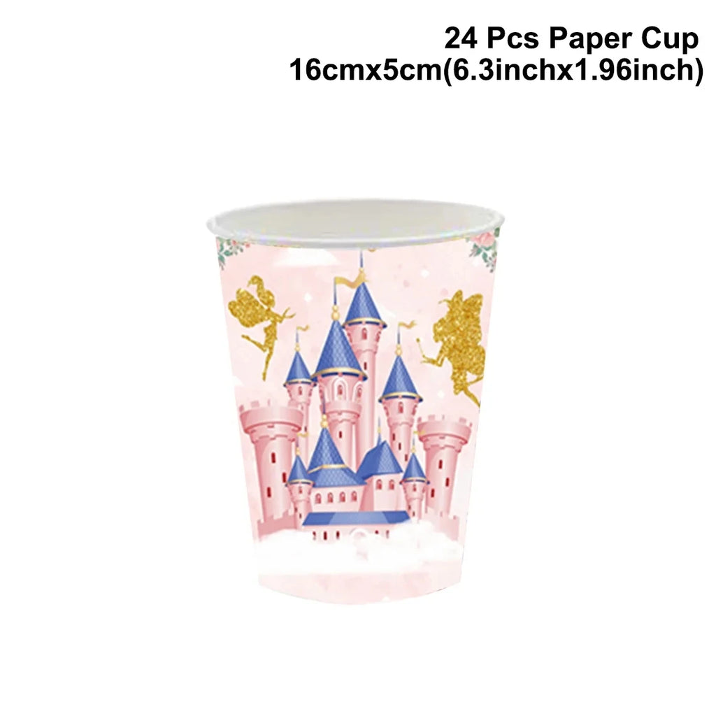 Princess Pink Castle Theme Birthday Party Disposable Tableware Set Paper Plate Paper Napkin Happy Birthday Party Decor Kids Girl