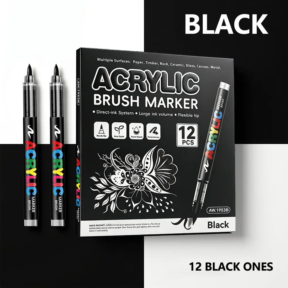 12 Pcs Black and White/Gold and Silver Acrylic Paint Markers Set, Large Ink Capacity, Skin Color Brush Markers Pen Art Supplies