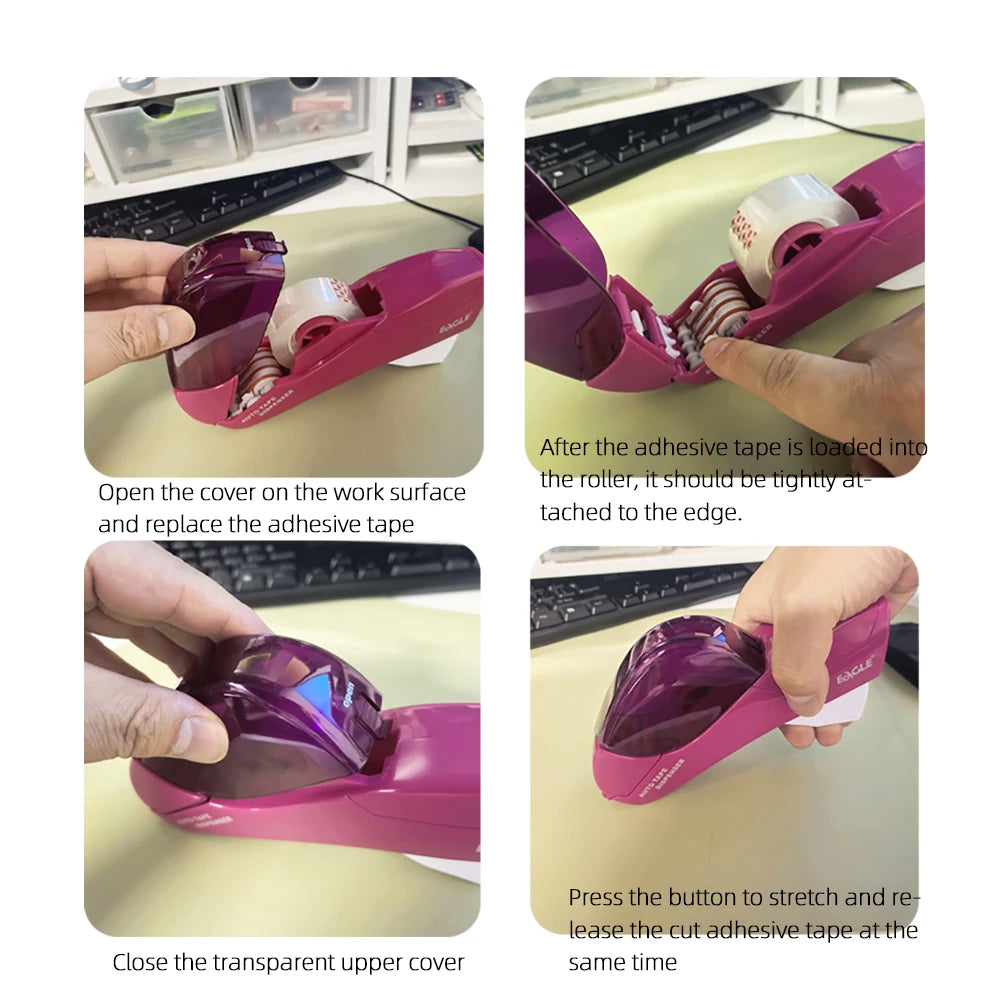 Handheld Tape Dispenser, Pink Auto Tape Cutter with 1 Roll Tape, Fits 12mm/19mm Tape, Portable Tape Holder for Office, School, D