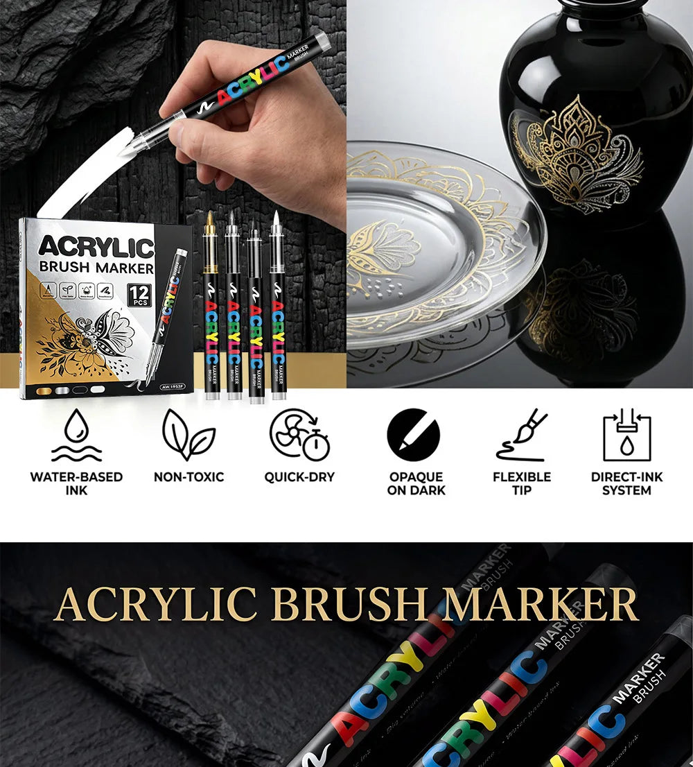 12 Pcs Black and White/Gold and Silver Acrylic Paint Markers Set, Large Ink Capacity, Skin Color Brush Markers Pen Art Supplies
