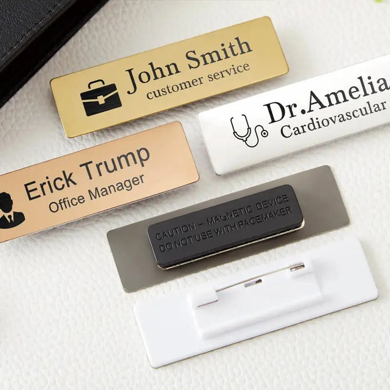 Personalized Name Tags Free Design No MOQ Rectangle Metal Engraved Nameplate Custom Logo Staff Employee ID Name Badge