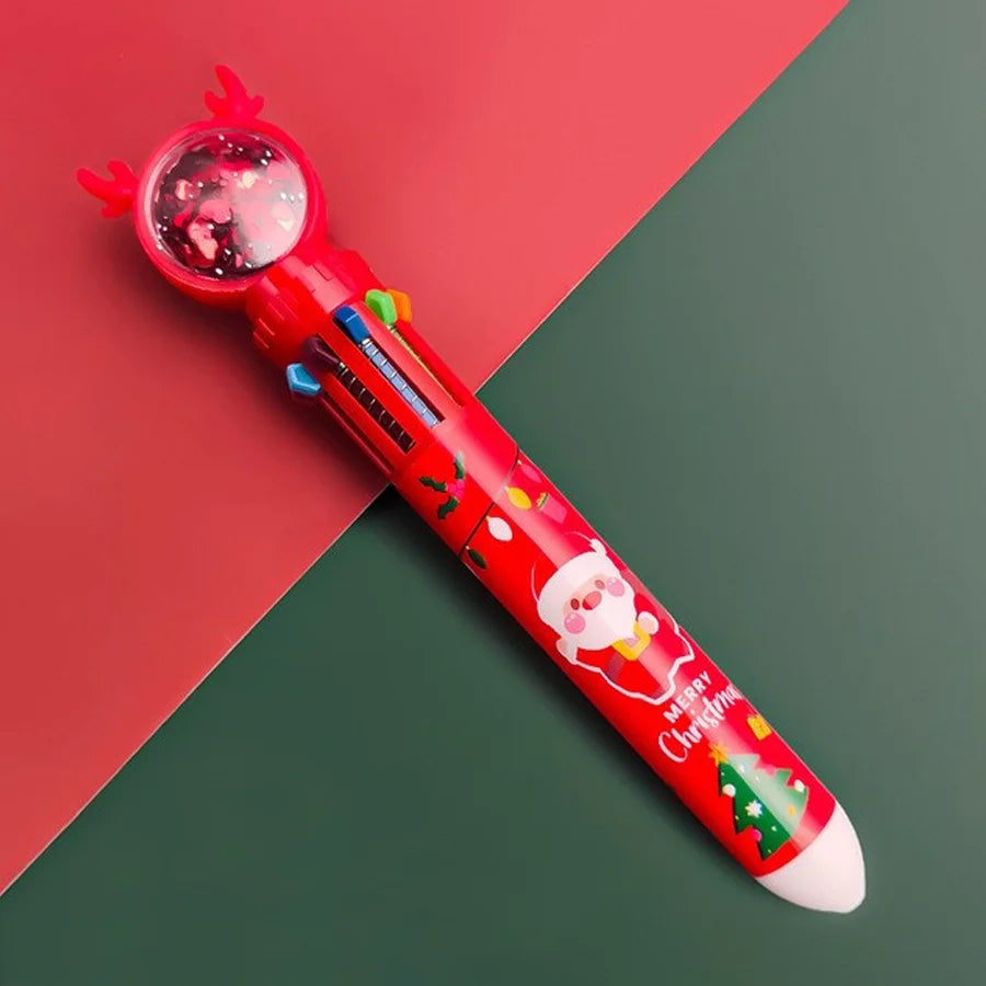 1PC Christmas 10-color Ballpoint Pen Student Press-type Color Pen Santa Claus Presses The Ballpoint Pen 0.5mm School Stationery