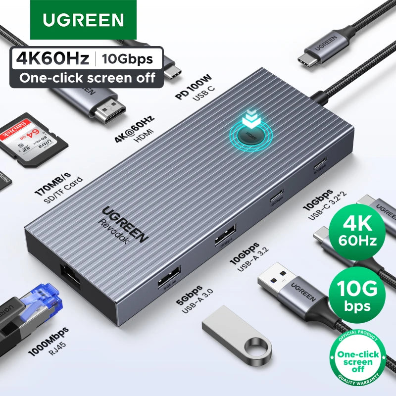 UGREEN USB HUB 9-in-1 4K60Hz HDMI PD100W RJ45 SD/TF USB3.2 Gen2 10Gbps for Laptop Accessories Dell MacBook HP Splitter Docking