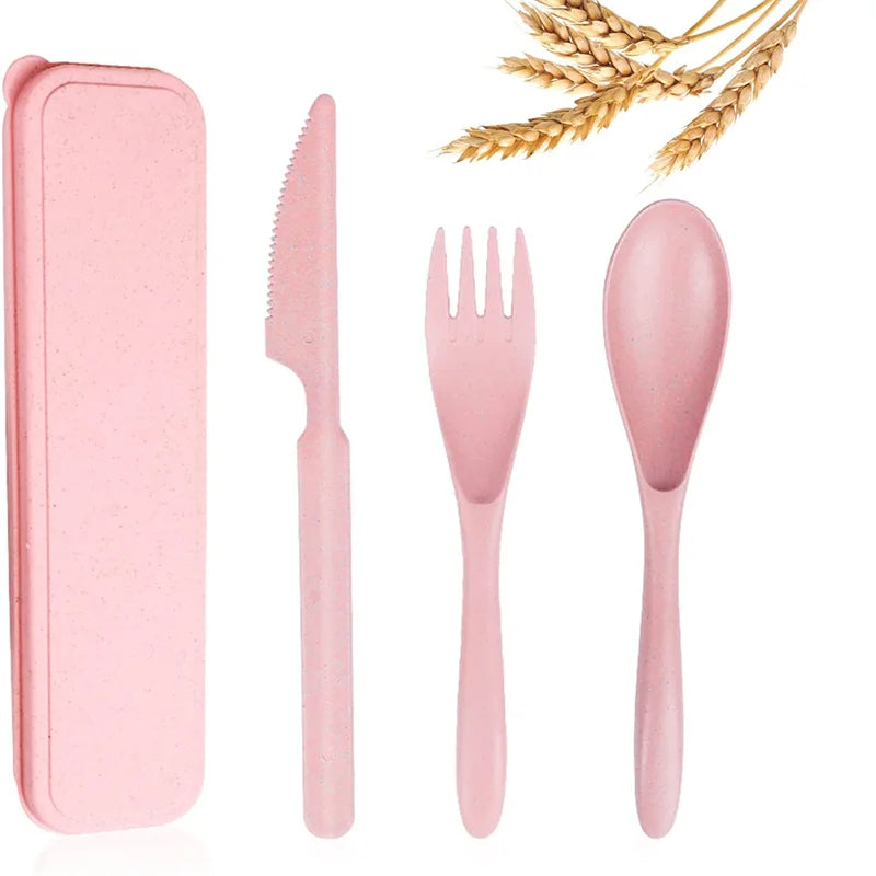 Reusable Travel Utensils Set With Case Box Wheat Straw Portable Knife Fork Spoons Set Tableware Eco-Friendly BPA Free Cutlery