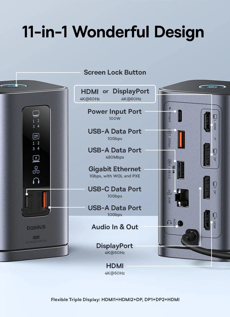 Baseus 11-IN-1 USB C HUB HDMI DP 4K@60Hz MST Triple Display USB 3.2 Splitter with RJ45 3.5mm Mic PD100W Magnetic Docking Station