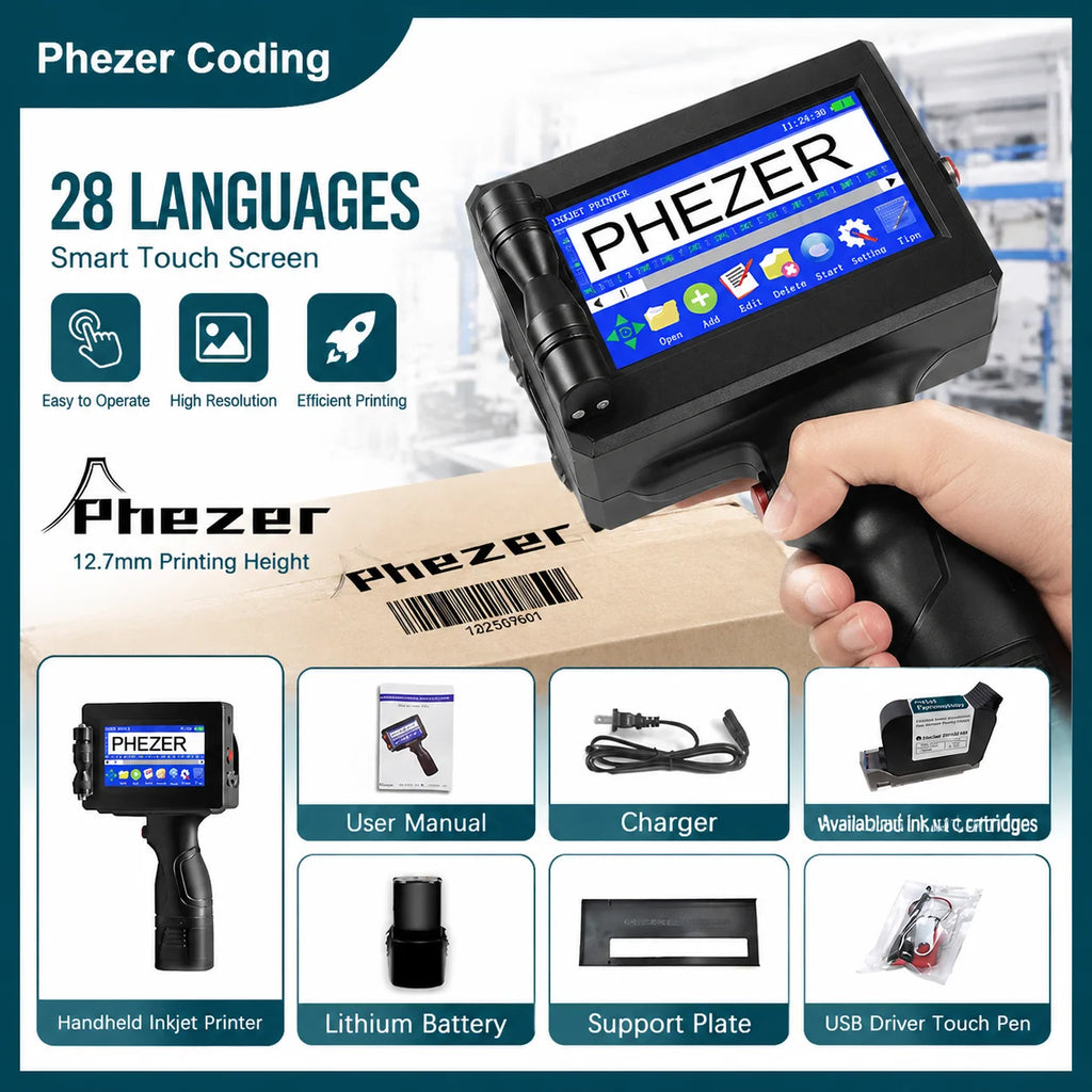 Phezer P15 Handheld Inkjet Printer 12.7/25.4mm Portable Label Printer Expiry Date Batch Code Logo QR Barcode 28 Languages