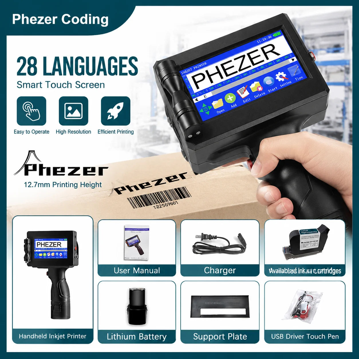 Phezer P15 Handheld Inkjet Printer 12.7/25.4mm Portable Label Printer Expiry Date Batch Code Logo QR Barcode 28 Languages