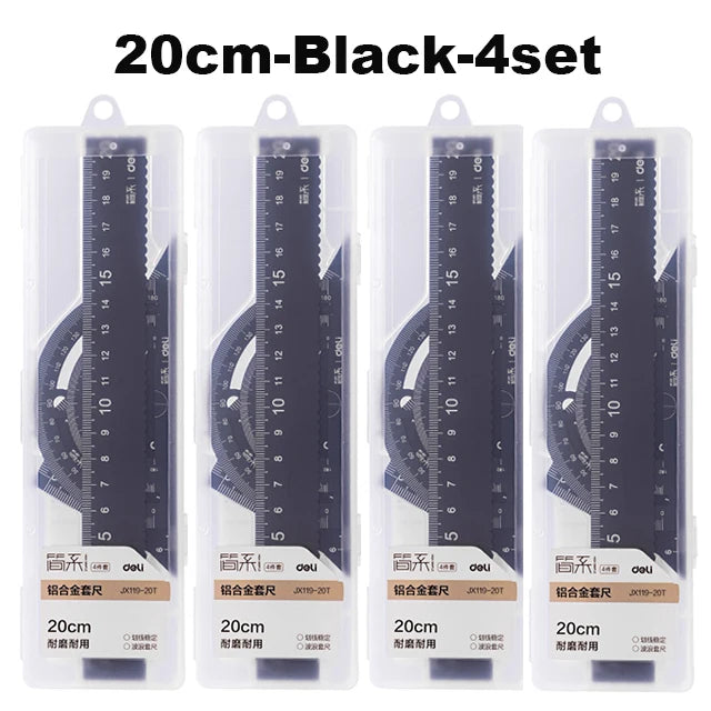 Deli 4Pcs Student Stationery Set Triangle Ruler Straight Ruler Grid Ruler Angle Measuring Tool Aluminum Alloy Material