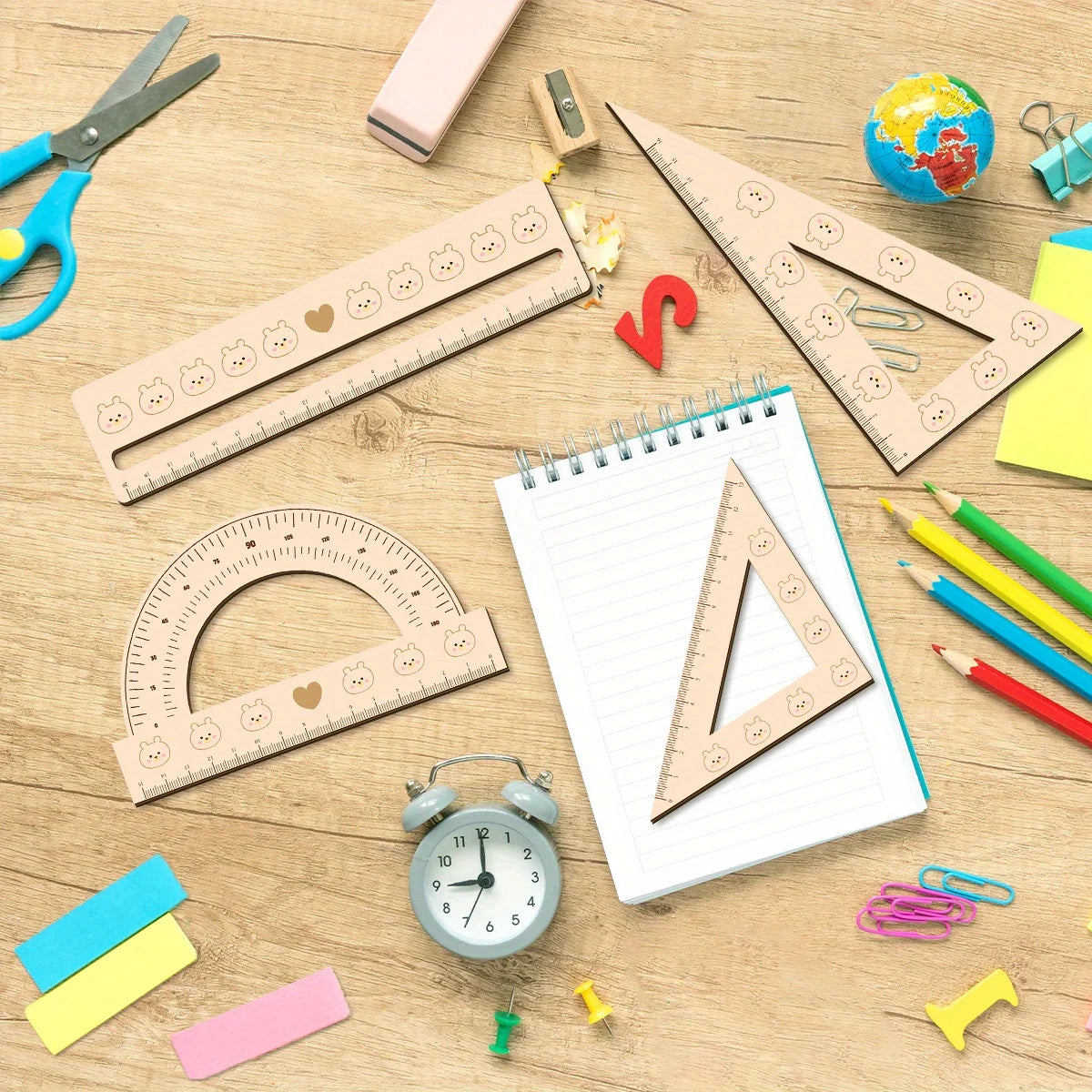 Elegant 4pcs 3mm Thick 2D Wooden Ruler Set Cute Students Math Classes Teacher Gifts Or Office Supplies Triangle Straight Ruler