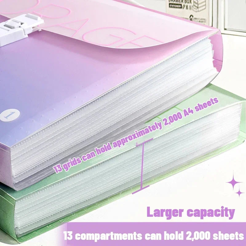 Kawaii Gradient Color A4Portable Accordion Bag 13layer Folder Student Test Paper Storage Bag Large Capacity Information File Bag