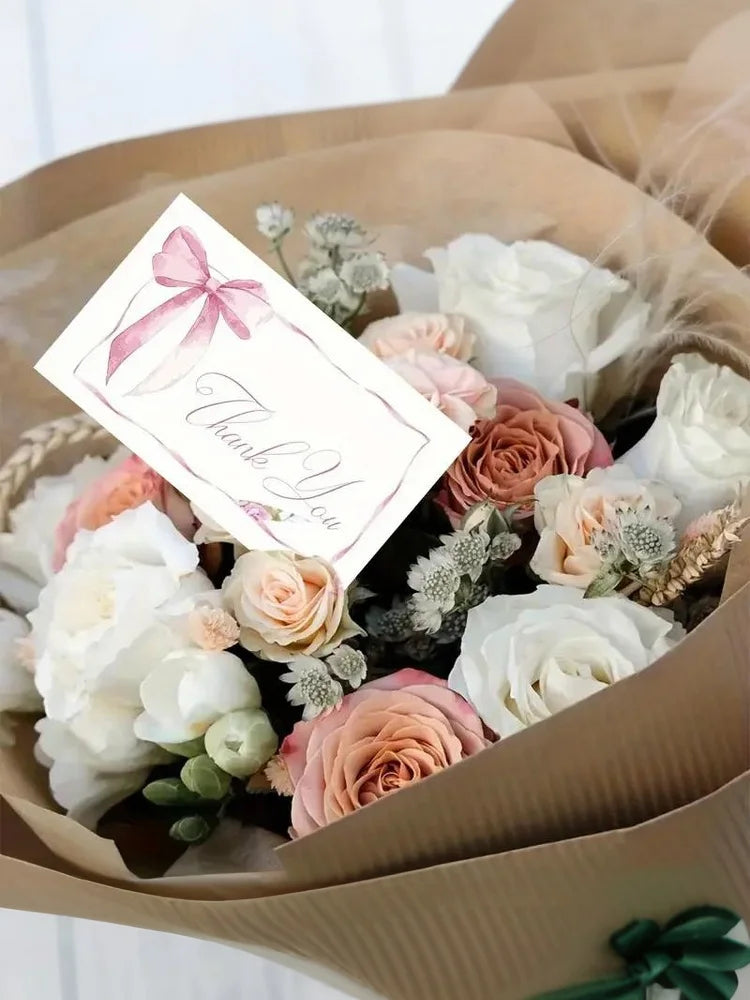 50pcs Business Thank You Cards Cherry & Pink Bow Design Celebration Invitations Gift Wrapping Cards For Party