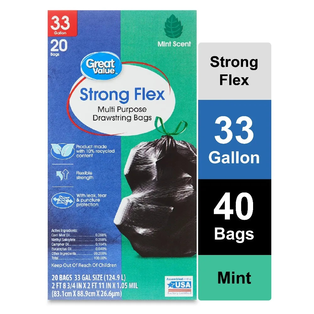 Strong Flex 33 Gallon Drawstring Trash Bags, Mint Scented, 20 Count Heavy Duty Kitchen Garbage Can Liners
