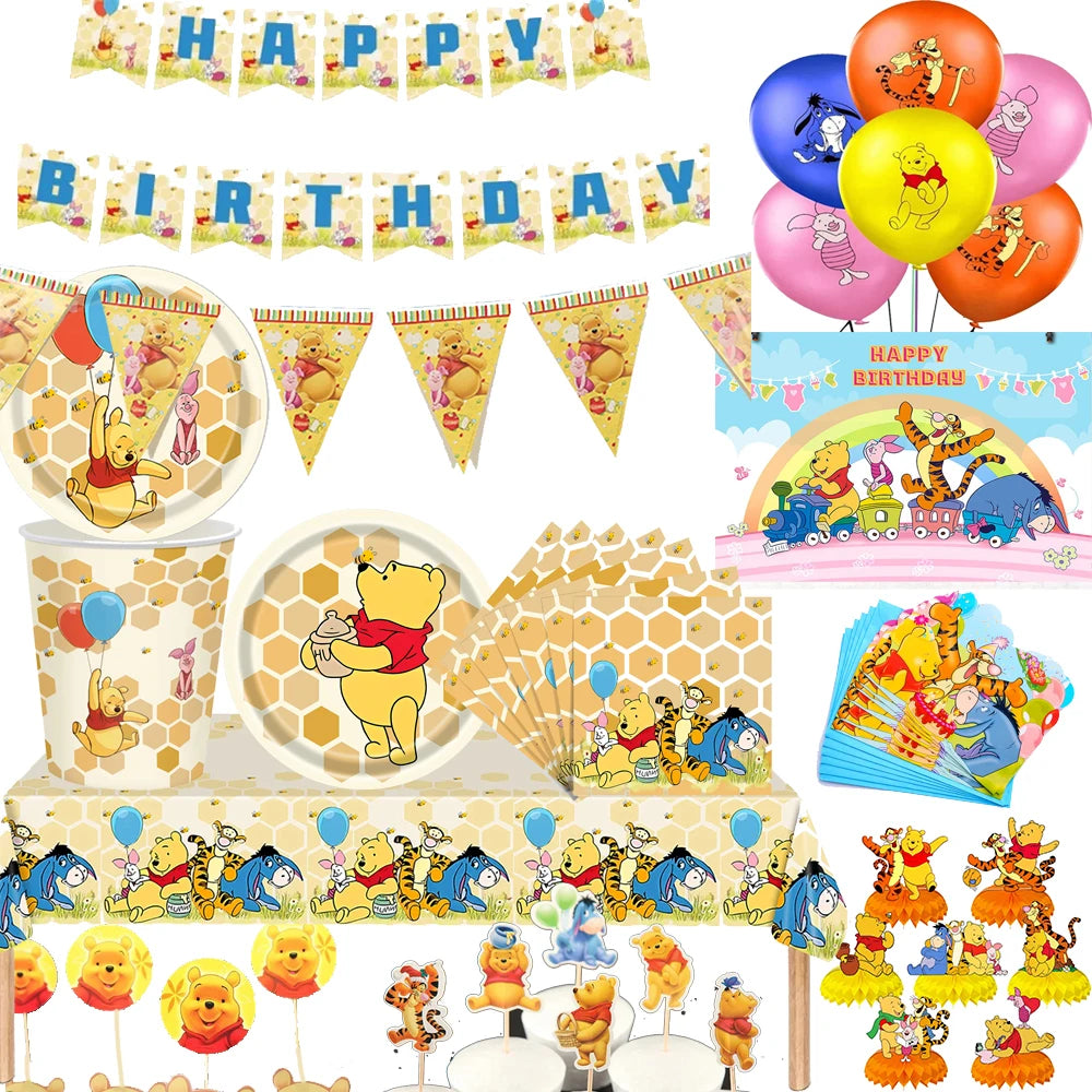 Winnie The Pooh Birthday Party Decoration Plates Napkins Table Cover Balloons Banner Baby Shower Serves 10 Guests Baby Shower