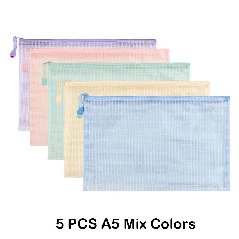 5 PCS A4 A5 A6 Mesh Zipper Pouch Document Bag Waterproof Zip File Folder Storage Bags A4 A5 A6 Office School Supplies Stationery