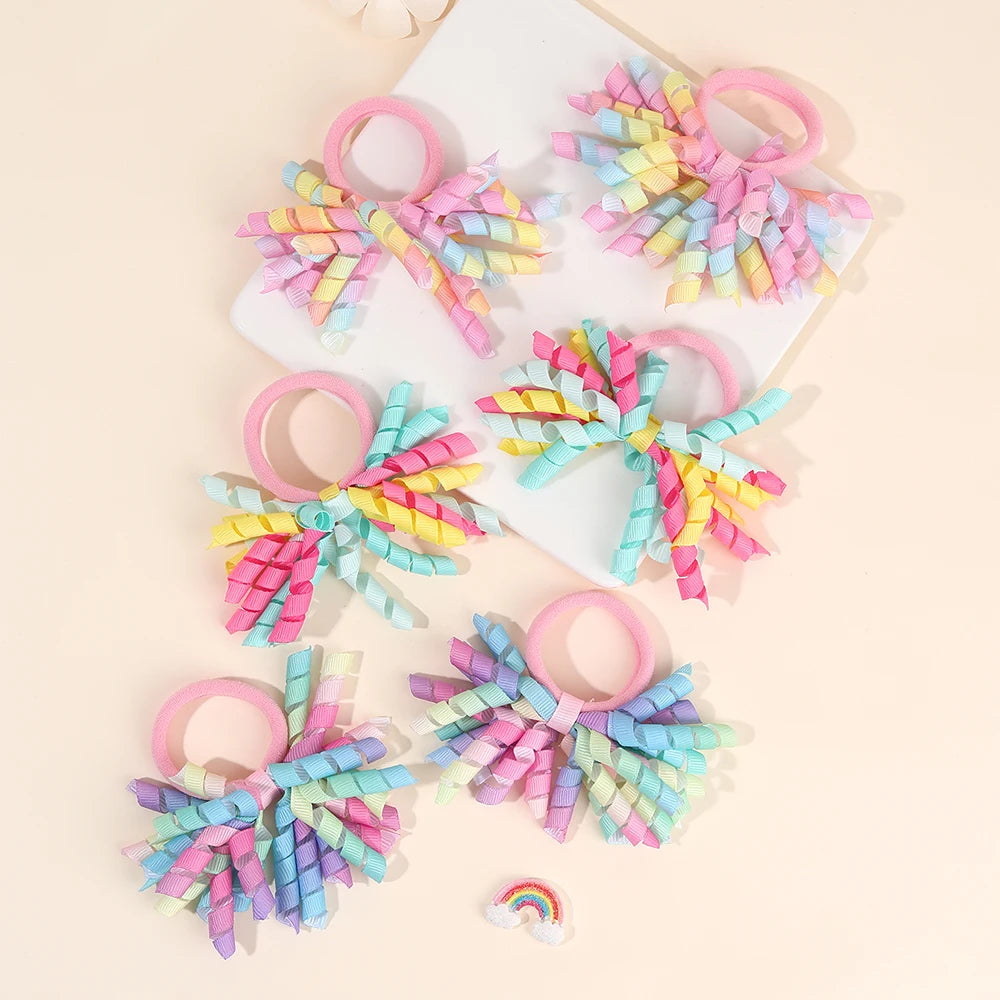 2Pcs Trendy Firework Hair Ties Rainbow Curly Ribbon Elastic Rubber Bands For Girls Kids Cute Hair Ropes Daily Hair Accessories