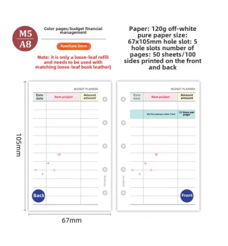 M5 20 Sheet Triple Fold Colorful Loose Leaf Notebook Refill Spiral Binder Inner Page Weekly Monthly To Do Line Grid Inside Paper